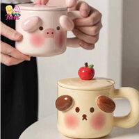 Cốc sứ cao cấp hình heo hồng, cún con kèm nắp và muỗng