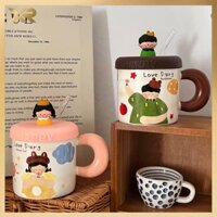 cốc sứ cặp đôi phong cách retro Tặng quà thật ý nghĩa uống nước cà phê kèm ống hút thủy tinh QLB