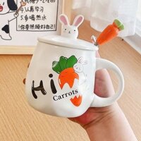 Cốc Sứ Có Nắp 3D 400ml Hình Thỏ Dễ Thương Biểu Cảm Cute - Ly Sứ Thỏ Đáng Yêu Cầm Củ Cà Rốt