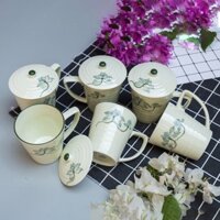 Cốc sứ có nắp, ly sứ men kem Bát Tràng cao cấp, cốc uống nước có quai 350ml