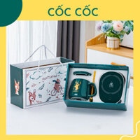 Cốc sứ giữ nhiệt kèm bếp hâm nóng hình hươu họa tiết sang trọng Cốc Cốc dùng để uống nước, pha trà, pha cà phê