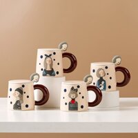 Cốc sứ gốm có quai nắp muỗng, Ly sứ cô gái cá tính uống trà cà phê 400ml