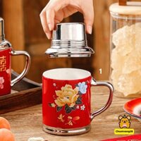 Cốc sứ hình phích nước phong cách Vintage hình hoa mẫu đơn đỏ hoài cổ