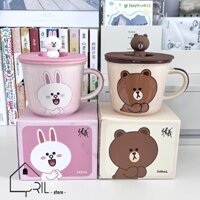 Cốc sứ họa tiết Gấu Brown Thỏ Cony, hộp bao gồm cốc sứ, muỗng inox, nắp nhựa