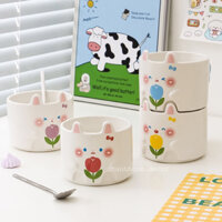 Cốc sứ hoạ tiết tai Thỏ 300ml, cốc sứ uống nước hoa tulip nhiều màu có tay cầm, ly sứ uống làm quà tặng |Chanhhomedecor|