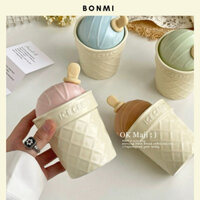 Cốc sứ Ice Cream kèm nắp dễ thương 320ml, cốc sứ hình kem ốc quế kèm ống hút phong cách Hàn Quốc Bonmi Decor