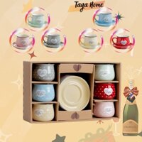 Cốc sứ kèm đĩa HOME MADE with LOVE màu pastel cao cấp dung tích 170ml họa tiết CHẤM BI dễ thương, ly sứ quà tặng ý nghĩa