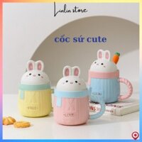 Cốc sứ, ly sứ có nắp và thìa hình thỏ dễ thương dùng làm quà tặng, uống nước pha trà