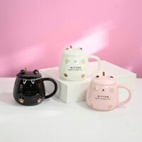 Cốc Sứ, Ly Sứ Có Quai - Thiết kế kiểu dáng chú Mèo đang ngồi - Kèm thìa và nắp đậy - Dung tích 450ml