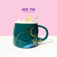 Cốc sứ mặt trăng màu xanh rêu kèm muỗng