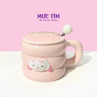 Cốc sứ màu hồng cute kèm muỗng và nắp đậy