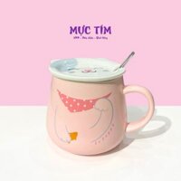 Cốc sứ màu hồng hình mèo có nắp và muỗng đi kèm