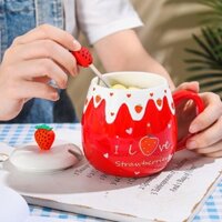 Cốc Sứ Quả Dâu Bơ Trái Cây Kèm Nắp Và Thìa  - Quà Tặng Bạn Gái Dễ Thương Cute 500ml