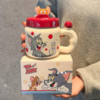 Cốc sứ Tom và Jerry có nắp, sáng tạo, dễ thương, vui nhộn, độc đáo, cốc cà phê, latte, trà sữa
