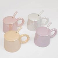Cốc Sứ Tráng Gương Tay Cầm Dáng Hạt – Kèm Nắp, Thìa & Đĩa, pha cà phê, sữa, trà, thích hợp dùng hằng ngày hoặc làm quà