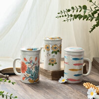 Cốc sứ uống nước Bát Tràng kèm lọc trà và nắp đậy-hoạ tiết vẽ tay