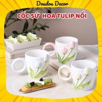 Cốc sứ uống nước Cao Cấp Hoạ tiết Tulip Xinh Xắn Sang Chảnh 400ml