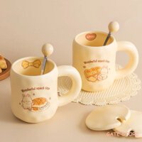 Cốc sứ uống nước có nắp và muống màu pastel hình thỏ dễ thương B032