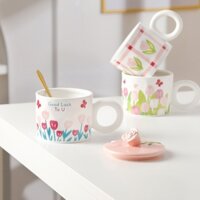 Cốc Sứ Uống Nước Có Nắp Và Muỗng Hình Hoa tulip Dễ Thương