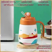 Cốc sứ uống nước giữ nhiệt, ly sứ kèm nắp và ống hút thủy tinh tiện dụng có quai dung tích 500ml có hộp quà