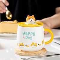 Cốc sứ uống nước Happy Dog dễ thương 400ml, ly sứ có nắp đậy uống cafe