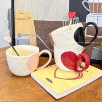 Cốc sứ uống nước hoạ tiết Trái Tim kèm muỗng 350ml, cốc cặp đôi tay cầm nhiều màu tặng quà couple |Chanhhome.decor|