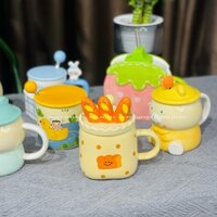 Cốc sứ uống nước, Ly uống nước nghộ nghĩnh có nắp đậy kèm thìa siêu dễ thương. Ly sứ quà tặng sinh nhật