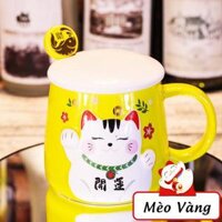 Coc Su Uong Nuoc Mèo Thần Tài Chiêu May Mắn - Ly Uống Cafe Có Nắp , Văn Phòng, Quà Tặng Tân Gia - Mèo Vàng