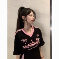 Cộc tay [màu tương phản cổ điển cổ chữ V kiểu Mỹ sọc ngang vai mùa hè áo rộng rãi ZHIBAOBI] Áo thun nữ thêu chữ cái Hot 26BT