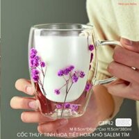 Cốc thuỷ tinh 2 lớp chịu nhiệt hoạ tiết hoa khô salem tím