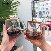 Cốc Thủy Tinh 500ml Có Nắp Đậy Hình Mèo Đáng Yêu