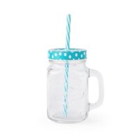 Cốc Thủy Tinh ARTBOX Hàn Quốc Mason Jar Có Ống Hút Màu Xanh Mint Họa Tiết Chấm Bi Xinh Xắn