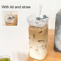 Cốc thủy tinh chịu nhiệt vuông 2 gói có nắp và ống hút - Cốc thủy tinh bền cho cà phê đá, trà và nước ép -