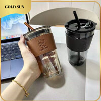 Cốc thủy tinh CHOUCHOU 450ml có nắp bao da và ống hút theo màu