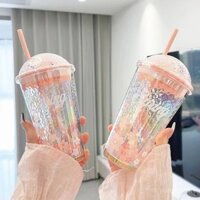 Cốc thủy tinh có nắp hình sao bầu trời đầy sao hoa anh đào mùa hè cho các cô gái, cốc thủy tinh có giá trị cao, cốc nước chia độ