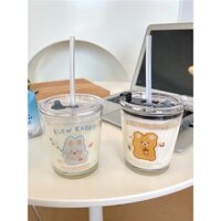 Cốc Thủy Tinh Có Nắp Kèm Ống Hút Silicone Trong Suốt Dung Tích 300ml In Hình Phong Cách Hàn Quốc