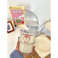Cốc Thủy Tinh Có Nắp Kèm Ống Hút Trong Suốt In Hình Trái Tim Dung Tích 350ml Phong Cách Hàn Quốc