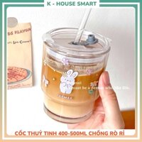 Cốc thuỷ tinh cute in hình thỏ hoa 400-500ml có nắp kèm ống hút, ly thuỷ tinh dễ thương có nắp K house smart