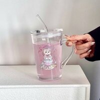 Cốc Thủy Tinh Dày Ống Hút Có Nắp 450ml Cốc Nước Dung Tích Lớn Dễ Thương Chịu Nhiệt Cà Phê Cốc Sữa