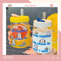 Cốc thuỷ tinh kèm nắp silicon 700ml cún đáng yêu ly uống trà sữa nước decor trang trí quà tặng ý nghĩa MinHome