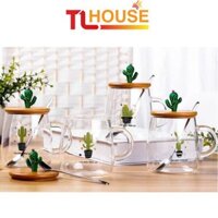 Cốc thủy tinh nắp gỗ núm cao su ULB 400ml, ca chịu nhiệt kèm thìa inox -  TALI HOUSE