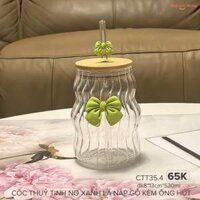 Cốc thuỷ tinh nơ xanh lá nắp gỗ kèm ống hút