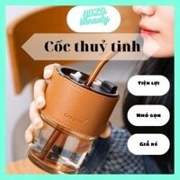 Cốc thuỷ tinh vỏ da có nắp và ống hút, ly uống nước đẹp dung tích 450ml