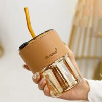 Cốc thuỷ tinh vỏ da có nắp và ống hút, ly uống nước đẹp dung tích 450ml