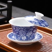 Cốc trà gốm sứ trắng cao cấp, nắp ba tài màu xanh và trắng, không bị bỏng, cốc trà nổi bằng ngọc bích mỡ cừu