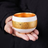 Cốc trà vàng nguyên chất 24K cốc Chủ Nhân Ngọc Bích Ngọc bích trắng sứ mạ Vàng cốc trà cung hoàng đạo cốc trà Ngọc Bích
