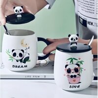 Cốc uống cà phê, Ly sứ có nắp, Quà lưu niệm, cute kèm muỗng và nắp hình gấu panda đáng yêu 450ml