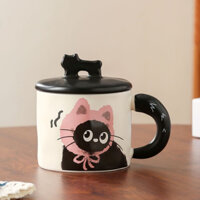 🍋Cốc Uống Nước Cute Có Nắp 360ml; Cốc gốm mèo đen dễ thương; Cốc Sứ; Ly Cafe [quà tặng🎁]