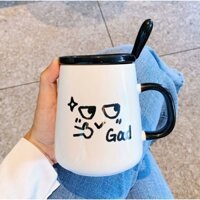 Cốc uống nước dễ thương ly sứ có thìa, nắp