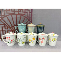 Cốc uống nước, ly sứ có quai cầm nắp đậy hoạ tiết vẽ tay siêu sang BÁT TRÀNG